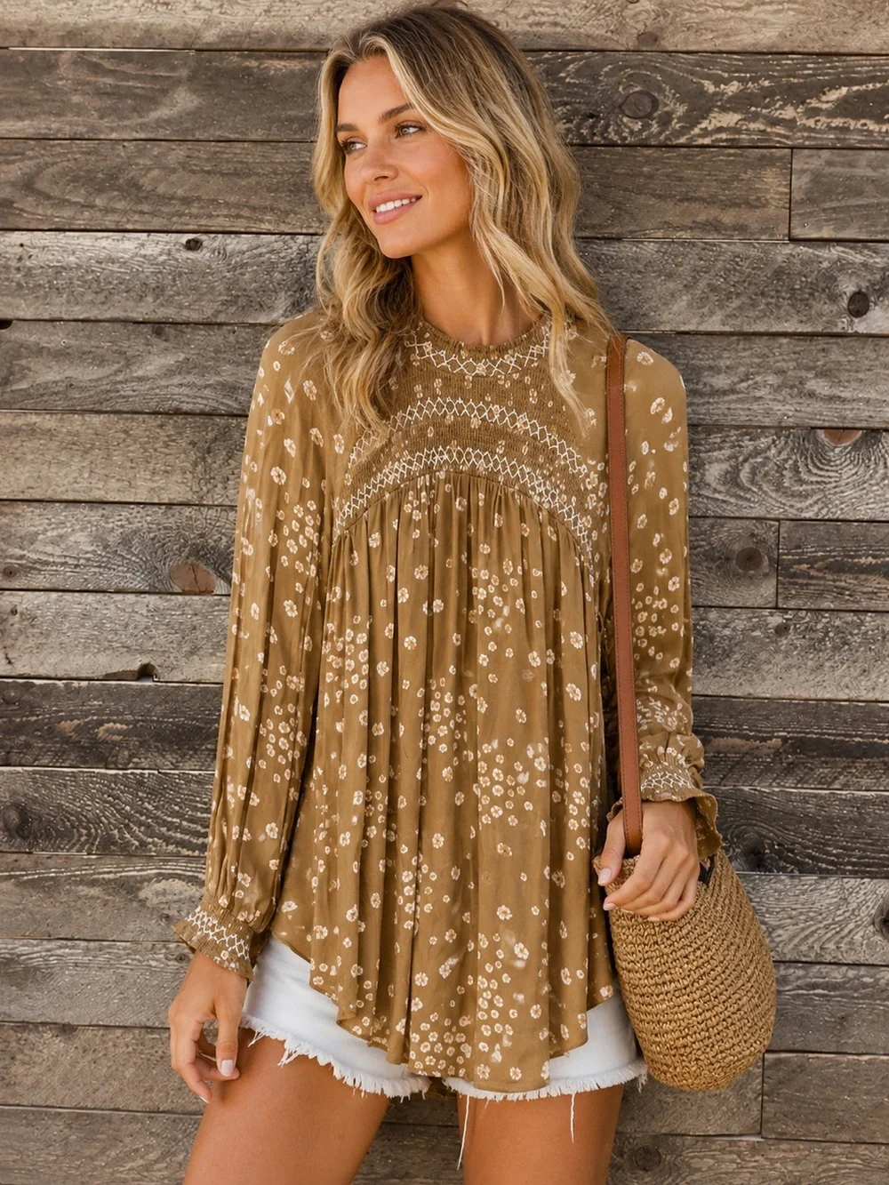 Free People Tan Floral Smocked Peasant Blouse